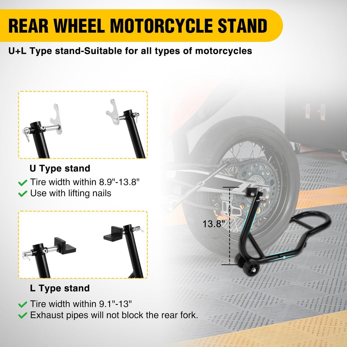 Universal Motorcycle Stand Lift 850lbs Front Rear Combo Stand Lift Stand Front Wheel Fork Stand Rear U+L Fork Swingarm Spool Stand for Most Yamaha Honda Kawasaki Suzuki Motorcycles