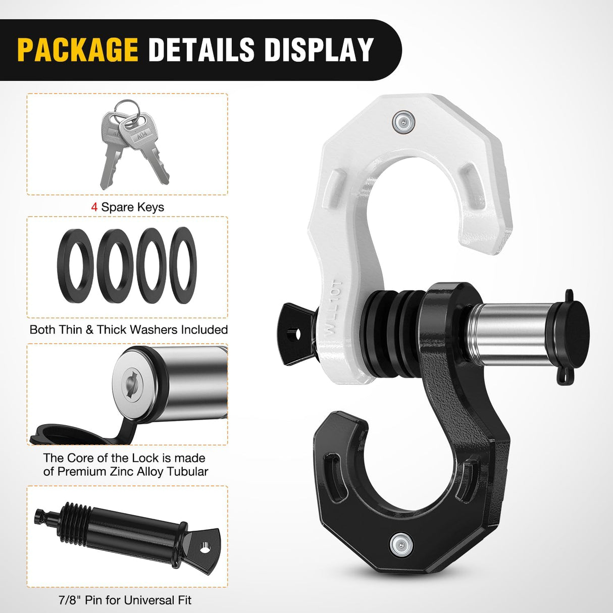 2 Pack 3/4 Inch D-Ring Separate Shackle 45,000 Lbs Break Strength | Includes 7/8 Inch Lock Pin, Isolators and Washers Off Road Recovery, for Tow Strap Winch Truck Vehicle Black&White