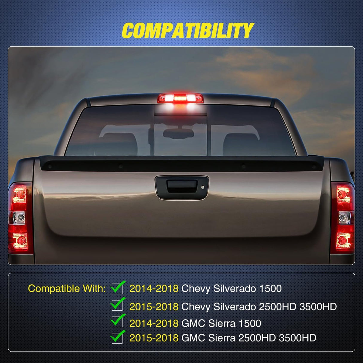 Third Brake Light High Mount 3rd Brake Stop Reverse Cargo LED Lights Red Shell Compatible with Chevy Silverado GMC Sierra 1500 2500 3500HD 2014 2015 2016 2017 2018 Pickup Truck