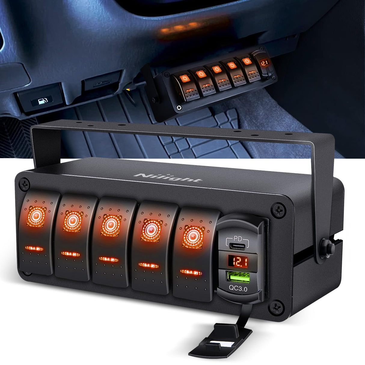 5 Gang Rocker Switch Box 12V SPST ON Off Toggle Switches PD Type C and QC 3.0 USB Sockcet Voltmeter LED Light Waterproof Aluminum Mount Bracket Panel DIY Stickers for Boat Car RV Truck