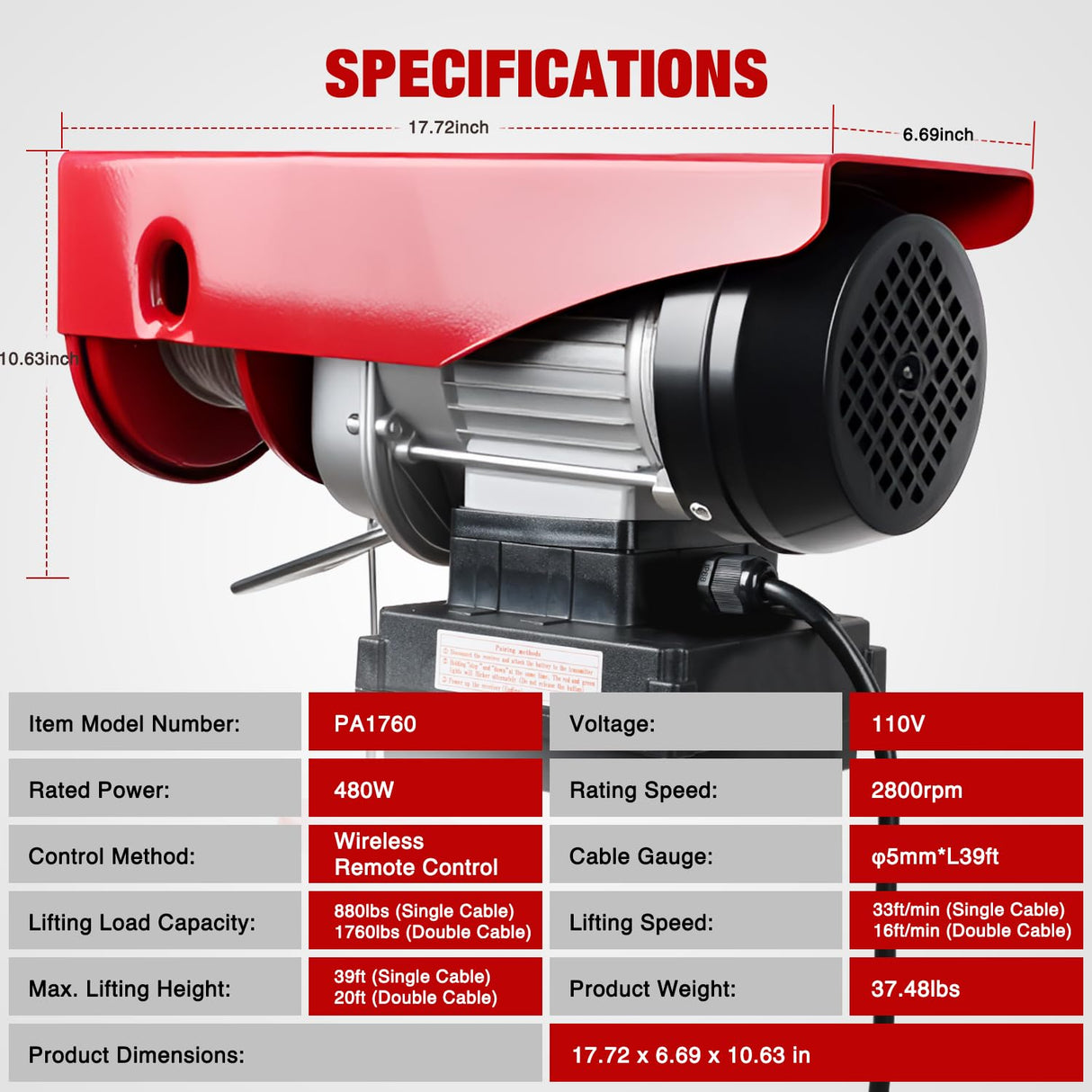 1760LBS Electric Hoist 110V Electric Hoist Winch with Wireless Remote Control, Single/Double Slings 39FT Lifting Height Material Handling Tool for Garage Warehouses Factory Attic Ceiling Crane