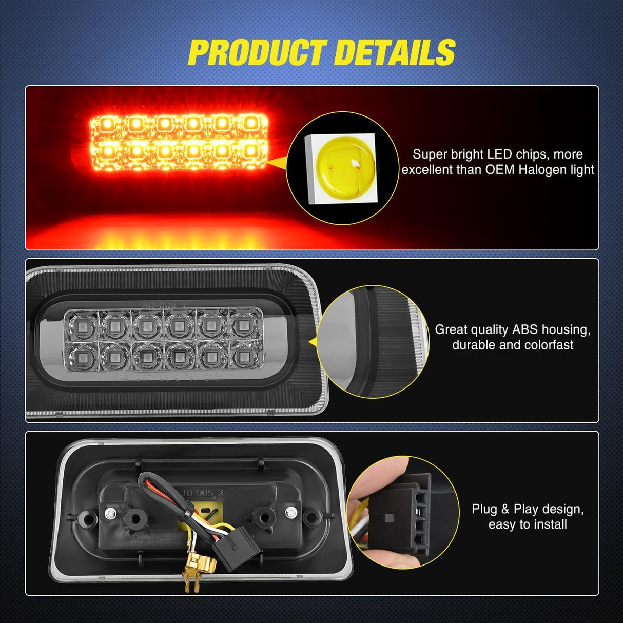 Third Brake Light for Chevy S10 GMC Sonoma 1994-2003, Smoked Lens | for Chevy S10 GMC Sonoma 1994-2003, Isuzu Hombre 1996-2000, High Mount 3rd Stop LED Lights Replacement