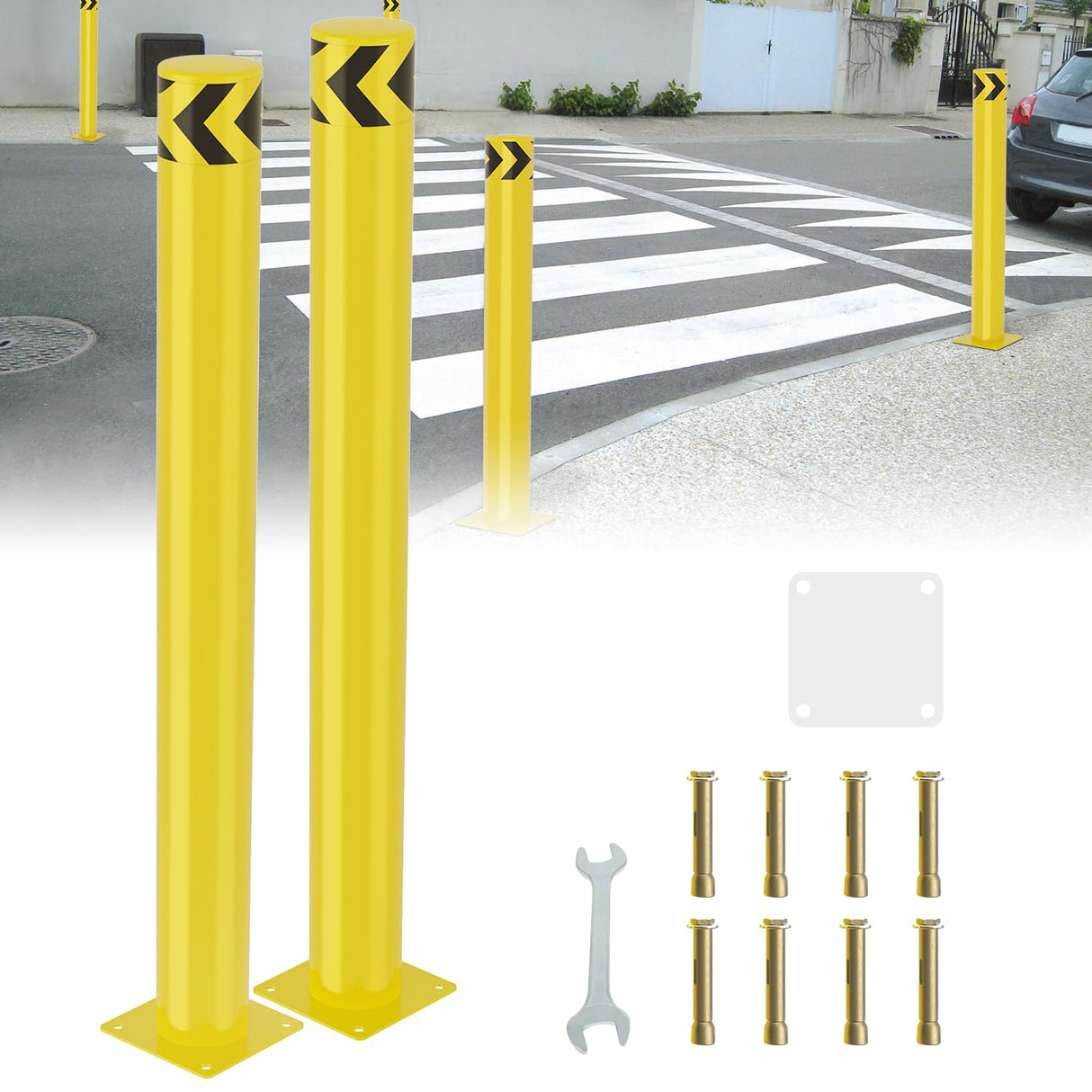 Safety Bollard, 48 inches Height Steel Bollard Post High High Visibility, 2 Pack