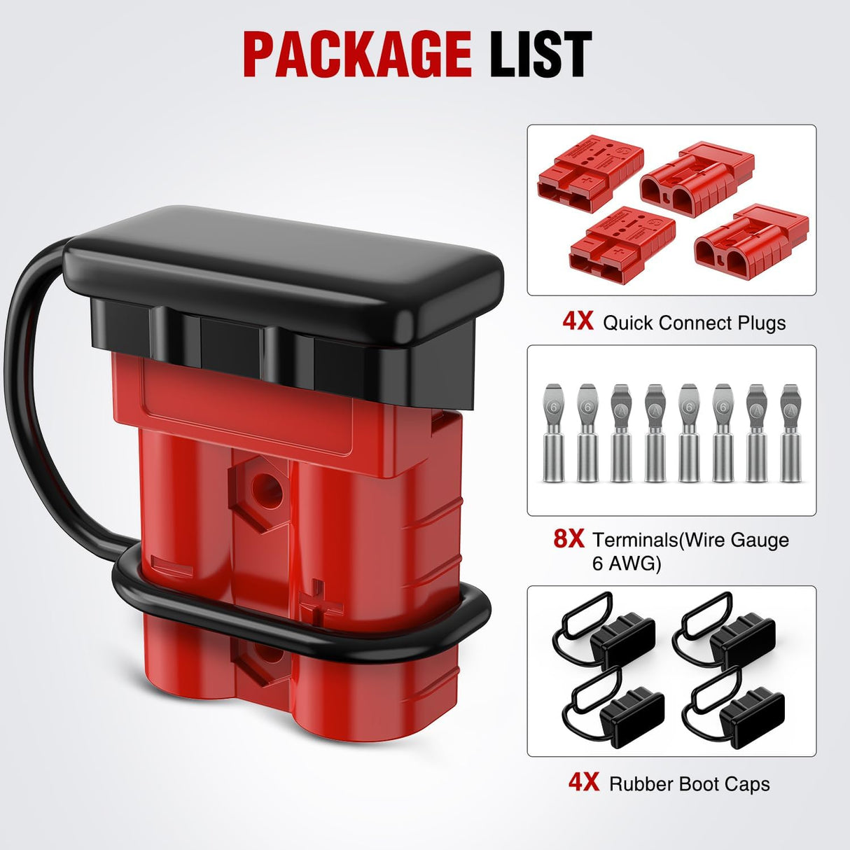 Anderson Connector 50AMP 6AWG Anderson Plug 12V-36V Battery Quick Connect/Disconnect Wire Harness Plugs Connectors Kit for 6 Gauge Cables Car Marine ATV Trailer Towing Winch Motor, 4 Pack Red