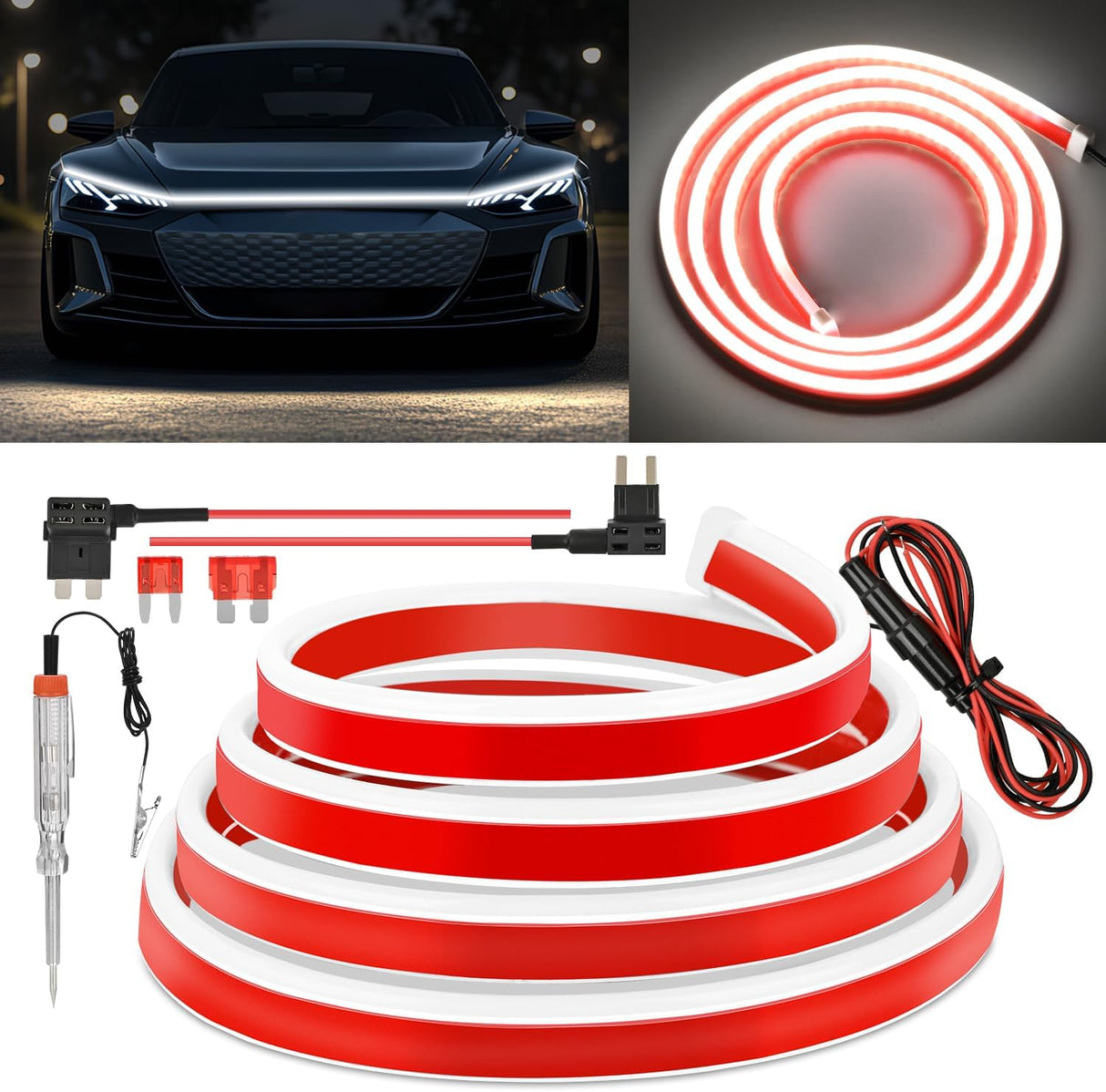 59-Inch LED Hood Strip, White Startup DRL Amber Signals Light | White Dynamic Daytime Running Light Amber Sequentiall Turn Signal Waterproof for Cars, SUVs & Trucks