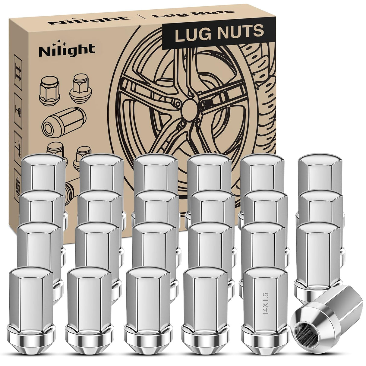 24PCS M14x1.5 Lug Nut One-Piece Compatible with 2012-2024 RAM 1500 | for 2000-2024+ Suburban/Tahoe/Yukon/Escalade 1999-2025 Silverado/Sierra 1500 Solid Chrome Steel OEM Factory Wheel Nut Replace