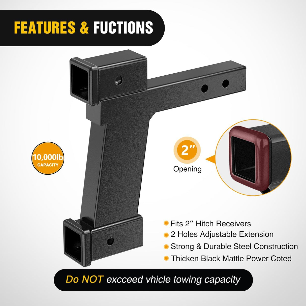 Trailer Hitch Extension Riser for 2 Inch Receiver with 2 and 10Inch Rise or Drop with Bolt Nut Clip 10,000 lbs Capacity Adjustable Extend 8 Inch 10 Inch Length Black Coated for Class I-VI Receivers