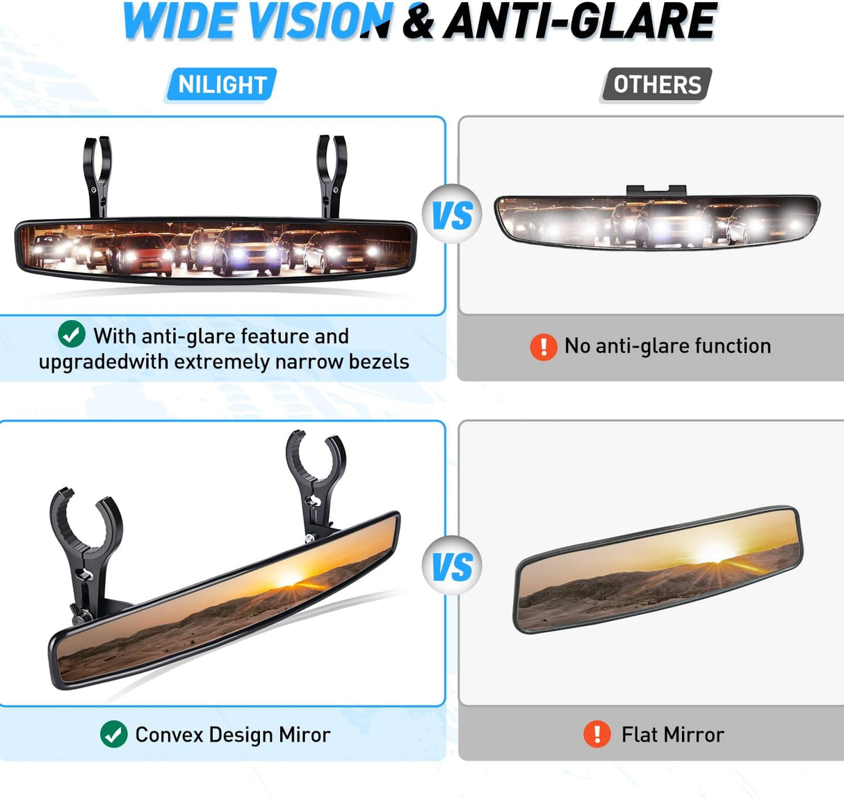 UTV Rear View Mirror 15in Wide Clear Convex Center Mirror with 3/4in 1.75in or 2in Clamps for Polaris RZR PRO XP R Pioneer Can Am Commander Maverick Kawasaki Nilight