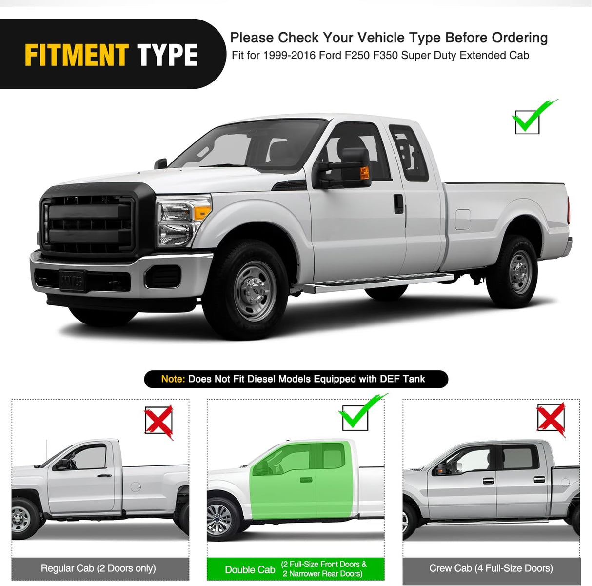 Running Boards for 1999-2016 Ford F250 F350 Super Duty/Extended Cab 2 Full-Size Door & 2 Half-Size Door 6 Inch Side Step Nerf Bars Stainless Steel