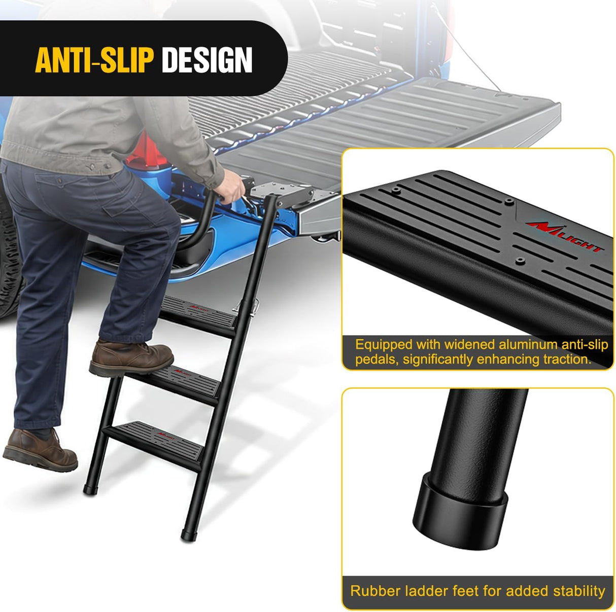 Universal Foldable Pickup Truck Tailgate Ladder | Truck Bed Step for Pickup, Features Non-Slip Wide Pedal, Stainless Steel Self-Drilling Screws, Sturdy Rubber Feet