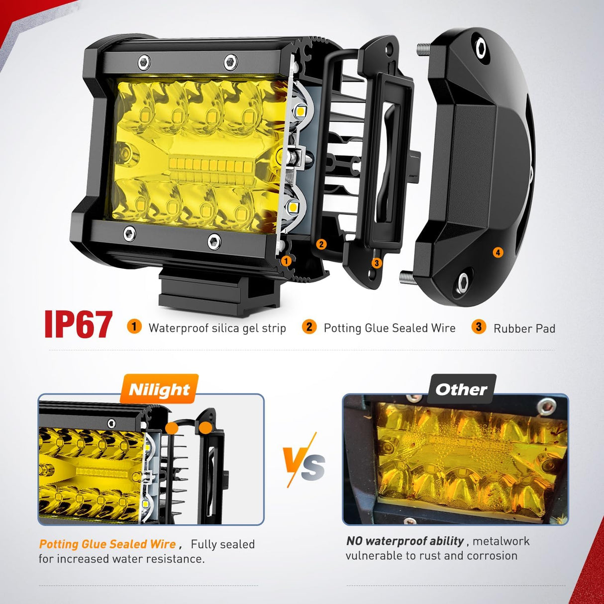 4 Inch Yellow LED Light Pods 2PCS Triple Row 60W Flood Spot Combo Offroad Driving Fog Lighting for 12V 24V Pickup Truck ATV UTV SUV