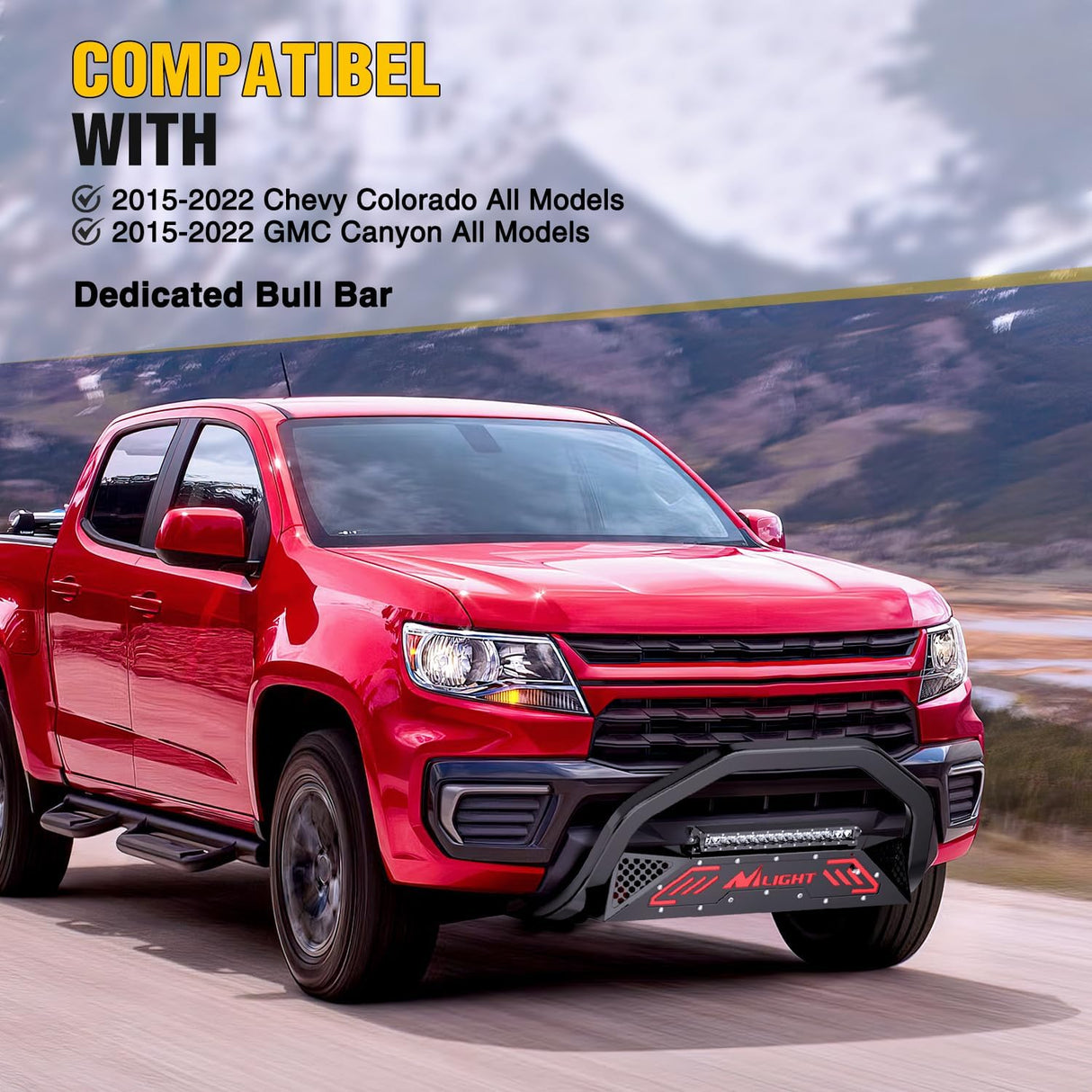 Bull Bar with Light fits Chevy Colorado (Excl. ZR2) 2015-2022 & GMC Canyon 2015-2022 Front Bumper Grille Brush Push Guard with Skid Plate Licence Plate Hole Black