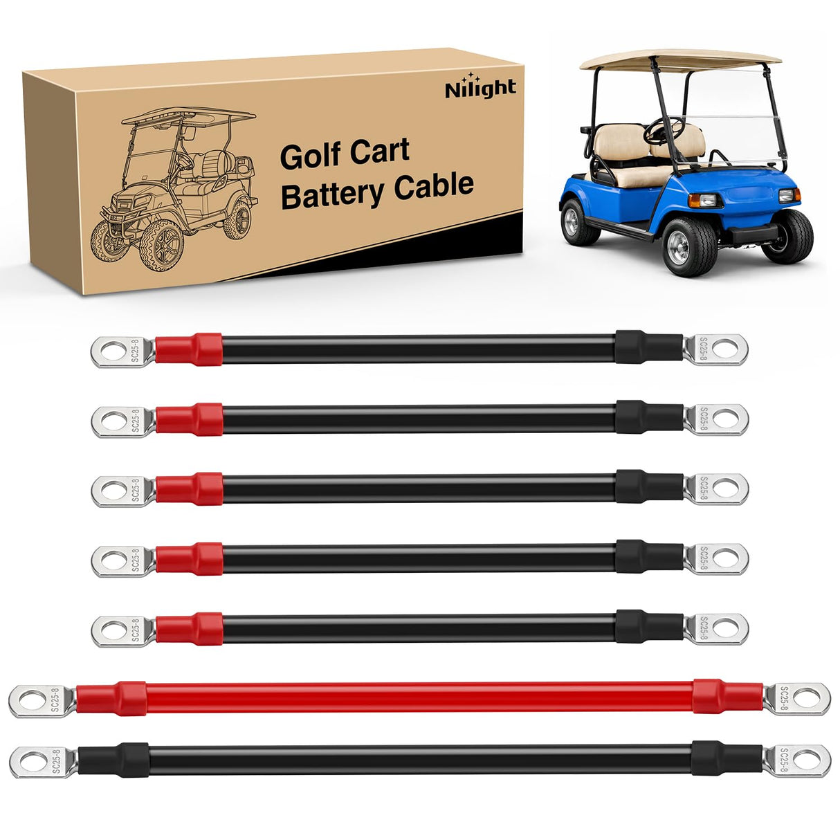 7PCS 4 AWG Golf Cart Battery Cable Kit Pure Copper for Club Car DS | Heavy Duty Pure Copper AC/DC Wire Kits with Tinned Copper Lugs for 36V/48V Club Car DS 1994-up