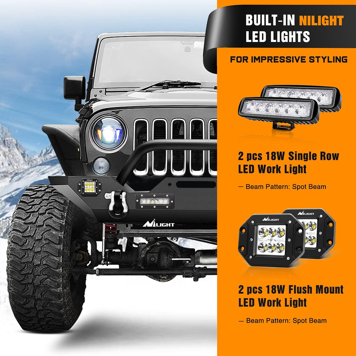 Front Bumper Compatible for 07-18 Wrangler JK & Unlimited Rock Crawler Bumper with 4 x LED Lights Winch Plate and 2 x D-Rings Upgraded Textured Black