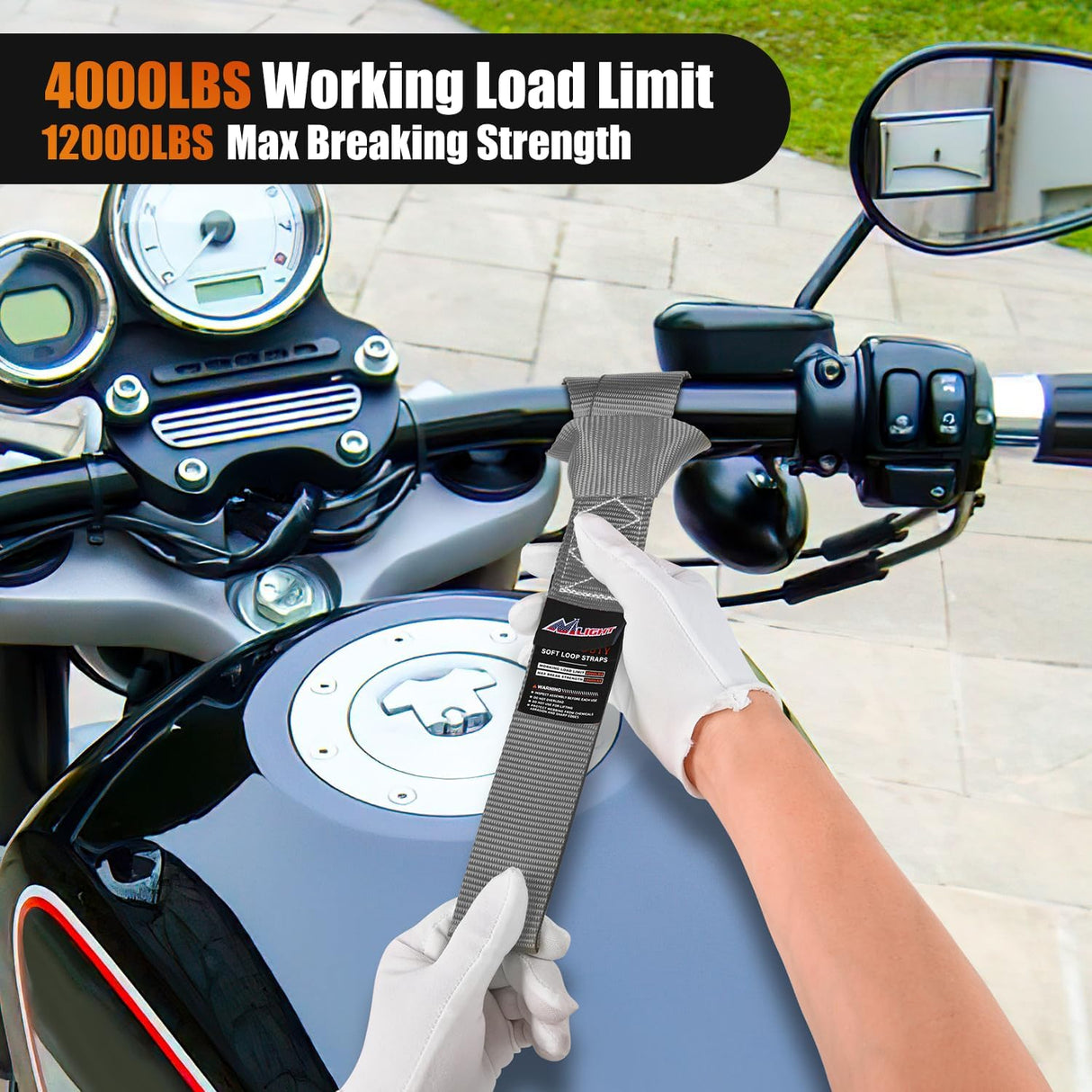 Soft Loop 1.7 Inch×17 Inch Motorcycle Tie Down Straps Heavy Duty 12000Lbs Max Break Strength for Securing ATV UTV Kayak Moving Cargo (8PK-Grey)