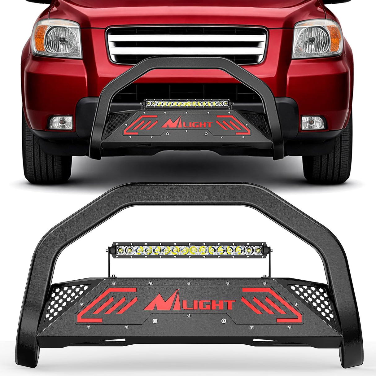 Bull Bar with Light fits 2003-2008 Honda Pilot, 2006-2015 Honda Ridgeline, 2001-2006 Acura MDX Front Bumper Grille Brush Push Guard with Skid Plate Licence Plate Hole Black
