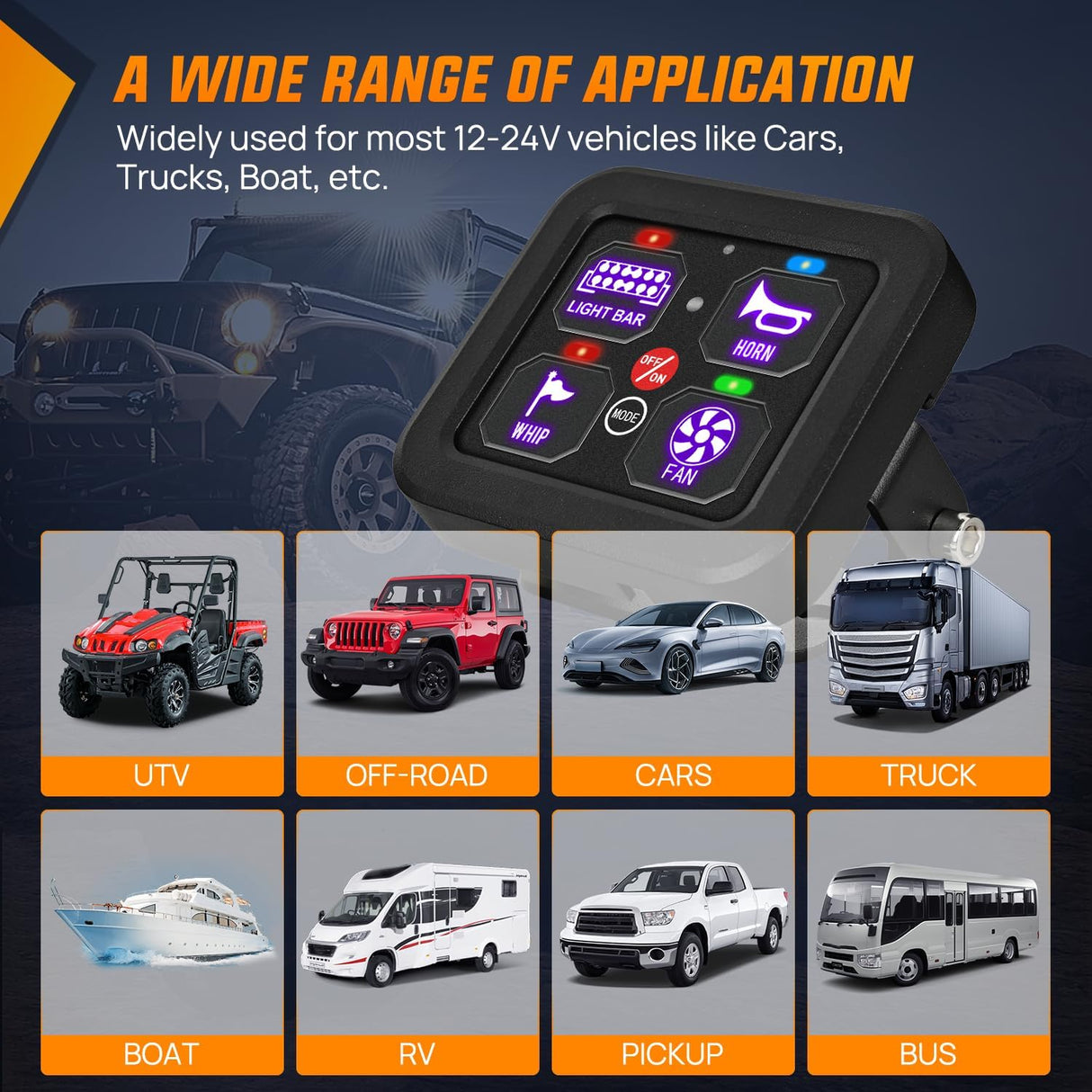 4 Gang Switch Panel 12V 24V Universal Circuit Control Relay System with RGB Backlight Fuse Wiring Harness Automatic Dimmable ON Off LED Pod for Car Pickup Truck Camper SUV