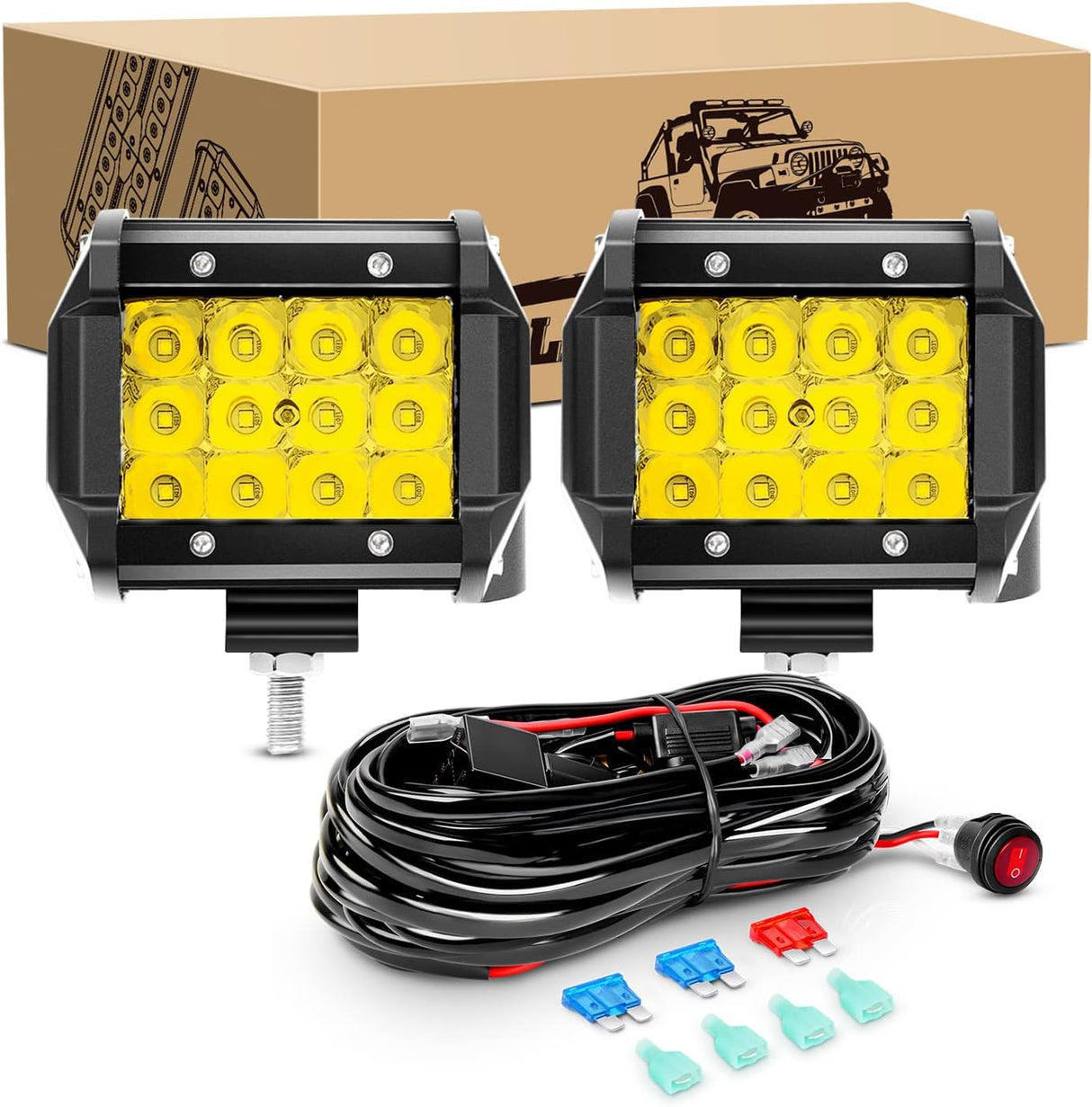 2PCS 4 Inch Amber LED Pods 36W Triple Row Flood Light Bar Fog Light 3600LM Driving Lighting with 16AWG Off Road Wiring Harness-2 Leads for Truck Golf Cart SUV ATV UTV Boat, Clear,Yellow (Auto-650)