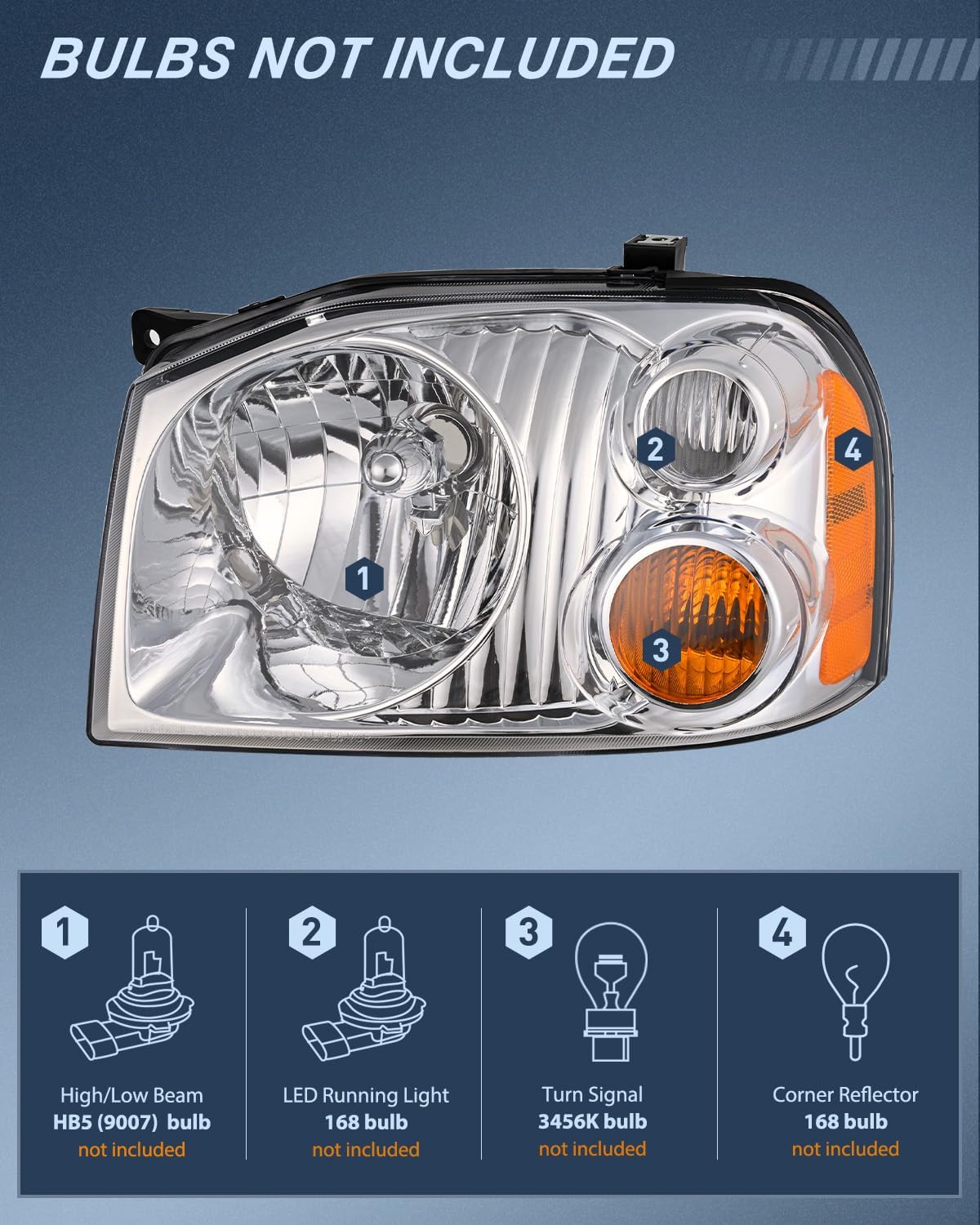 Headlight Assembly Compatible with 2001 2002 2003 2004 Nissan Frontier XE OE Style Replacement Halogen Headlights Chrome Housing Amber Reflector Headlamp Passenger and Driver