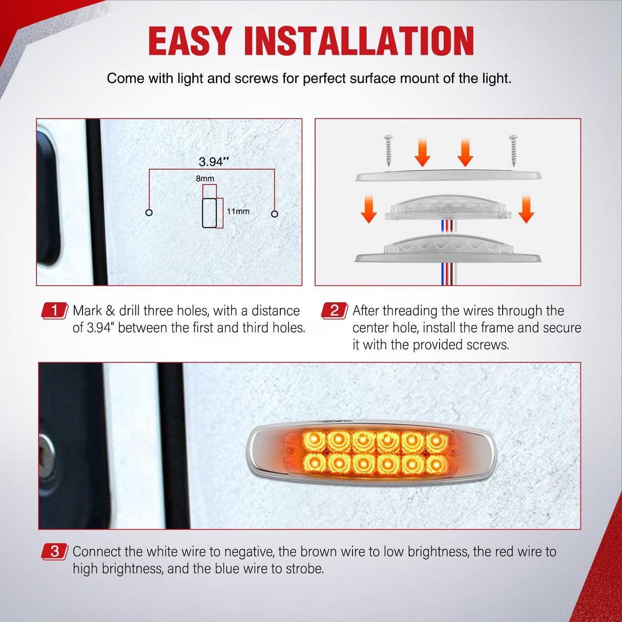6.3 Inch Amber Rectangle Side Marker Light, White Lens, High Low Strobe | 12 LED IP67 Waterproof Chrome Bezel 12V Surface Mount Marker & Clearance Light Fits Pickup Trucks Trailers RVs Boats,10 Pack