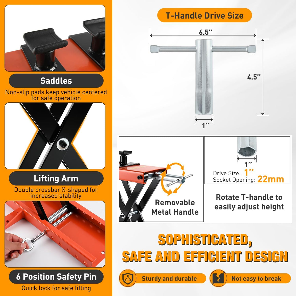 Motorcycle Lift 1100 LBS ATV Scissor Jacks with Saddle Safety Pin Crank Handle 3.7 Inch-15.7 Inch Hoist Stand Heavy Duty Steel Lifter Jack for Motorcycles Dirt Bike Garage Storage Repair Tool, Orange