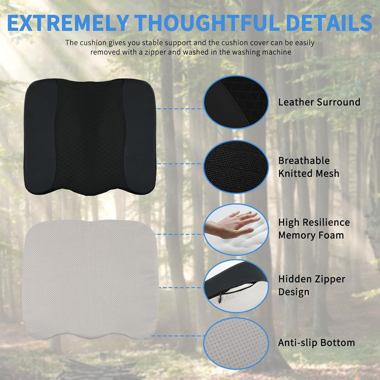 Car Seat Cushion Black Leather Breathable Mesh Splicing Cushion Memory Foam Suitable for Daily Life Driving Relieves Sciatica and Tialbone Pain Improves Drive Visibility