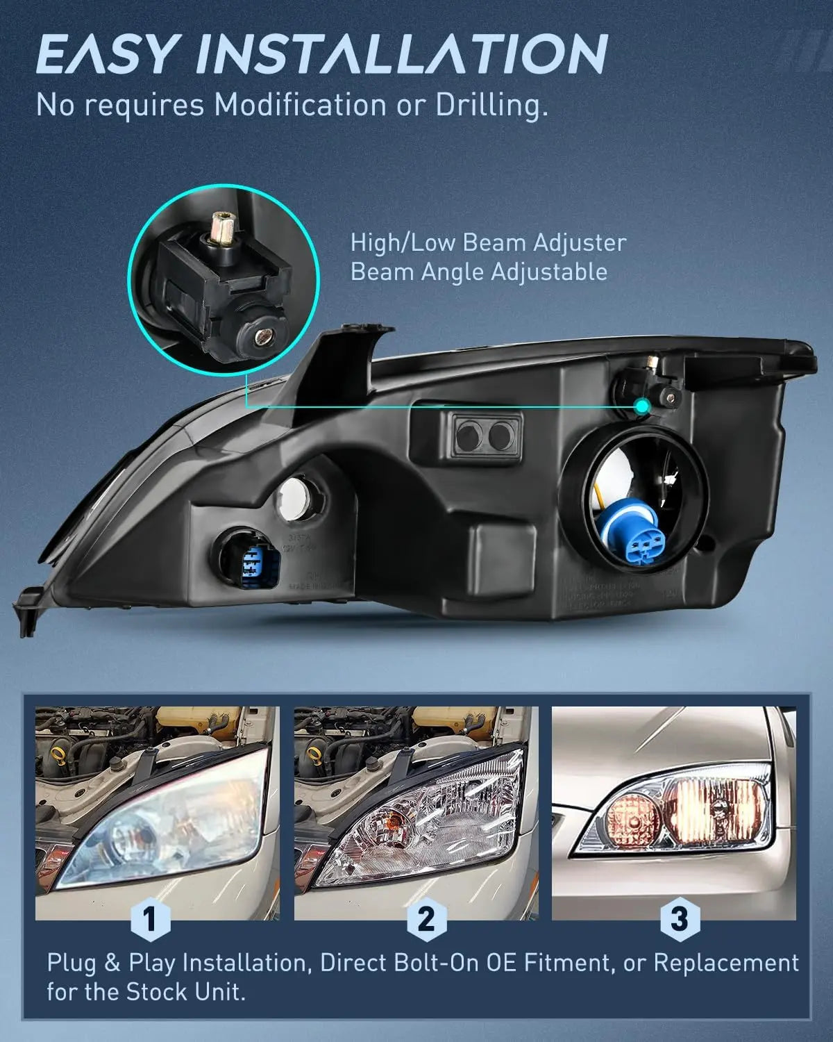 2005-2007 Ford Focus Headlight Assembly Chrome Housing Clear Reflector Clear Lens Nilight