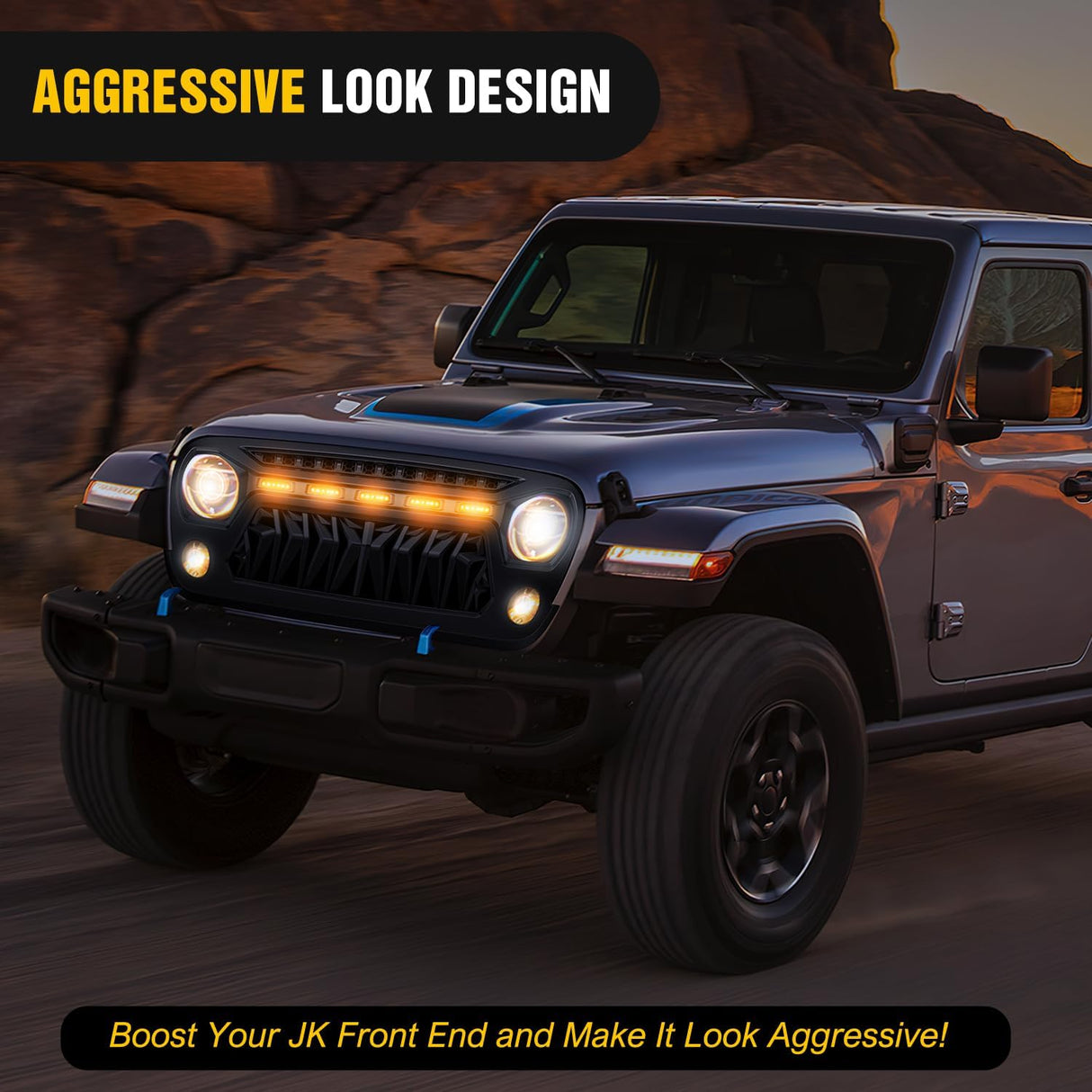 Front Grill Cover for 2007 2008 2009 2010 2011 2012 2013 2014 2015 2016 2017 2018 Wrangler JK/JKU Rubicon & Sahara Sport with LED Amber Lights Black