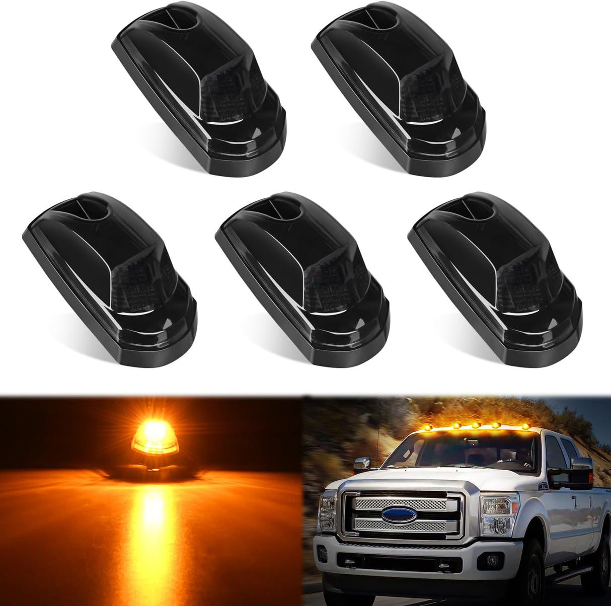 LED Cab Marker Lights Roof Running Light 5 PCS 9 LED Smoke Lens Amber Cab Clearance Light Compatible with 2017 2018 2019 2020 2021 Ford F250 F350 F450 F550 Super Duty Pickup Trucks
