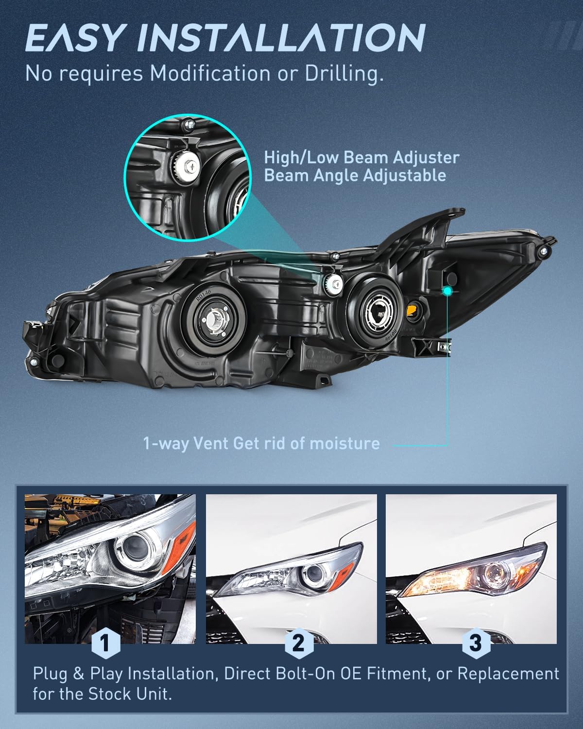 2015-2017 LE SE XLE Toyota Camry Headlight Assembly Chrome Housing Amber Reflector Clear Lens Nilight