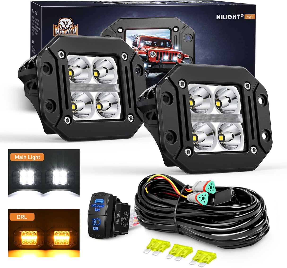 Flush Mount LED Pod Lights with Amber DRL 2PCS 4.8Inch Spot Beam 20W 2510LM Backup Reverse Offroad Driving Light w/ 16AWG Wiring kit for4x4 Truck SUV Jeep