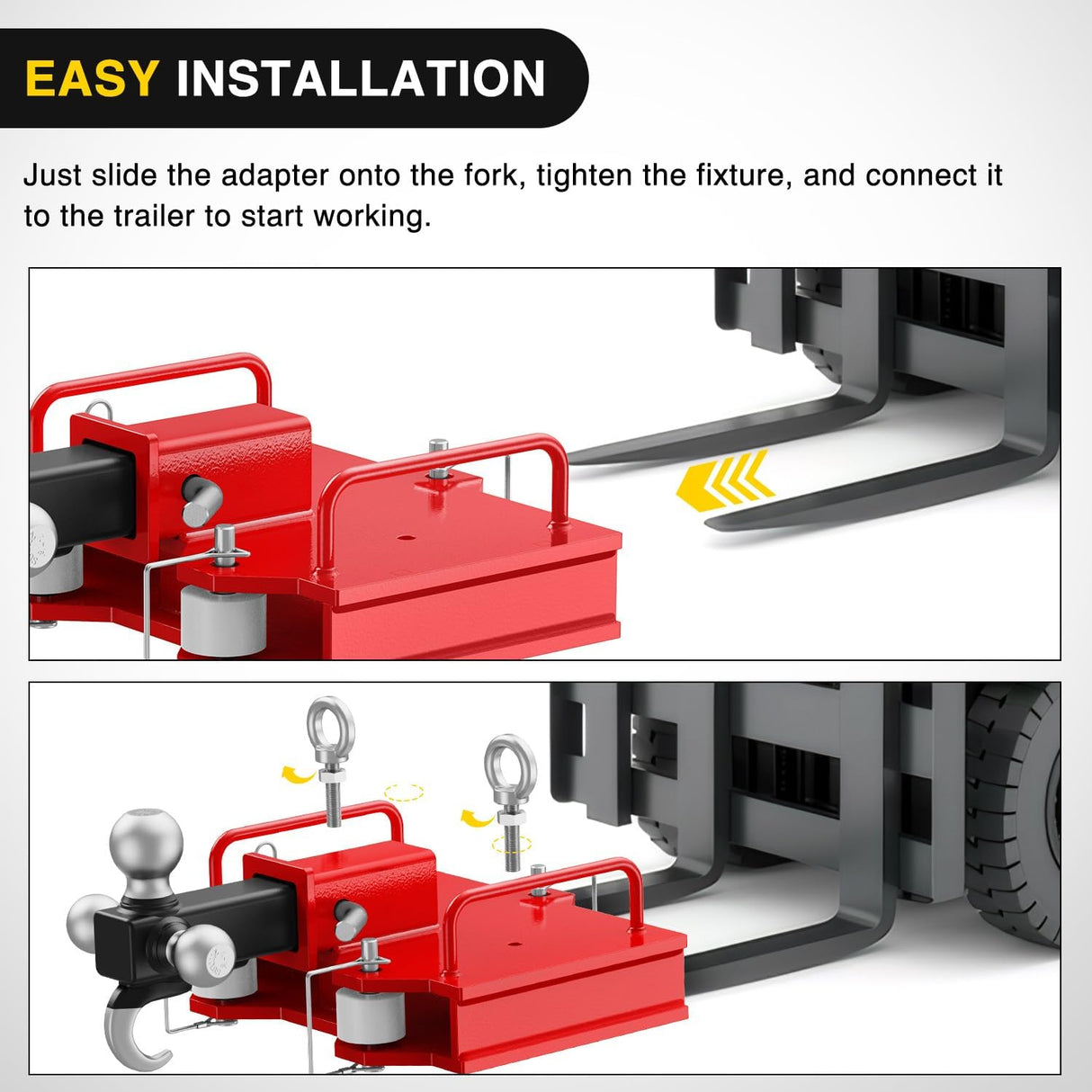 Forklift Trailer Hitch Attachment Fits 2 Inch Receiver 6500 LBS Capacity Clamp on Dual Pallet Forks Forklift Tow Hitch Attachment Universal Forklift Ball Hitch Mount Trailer Towing Adapter