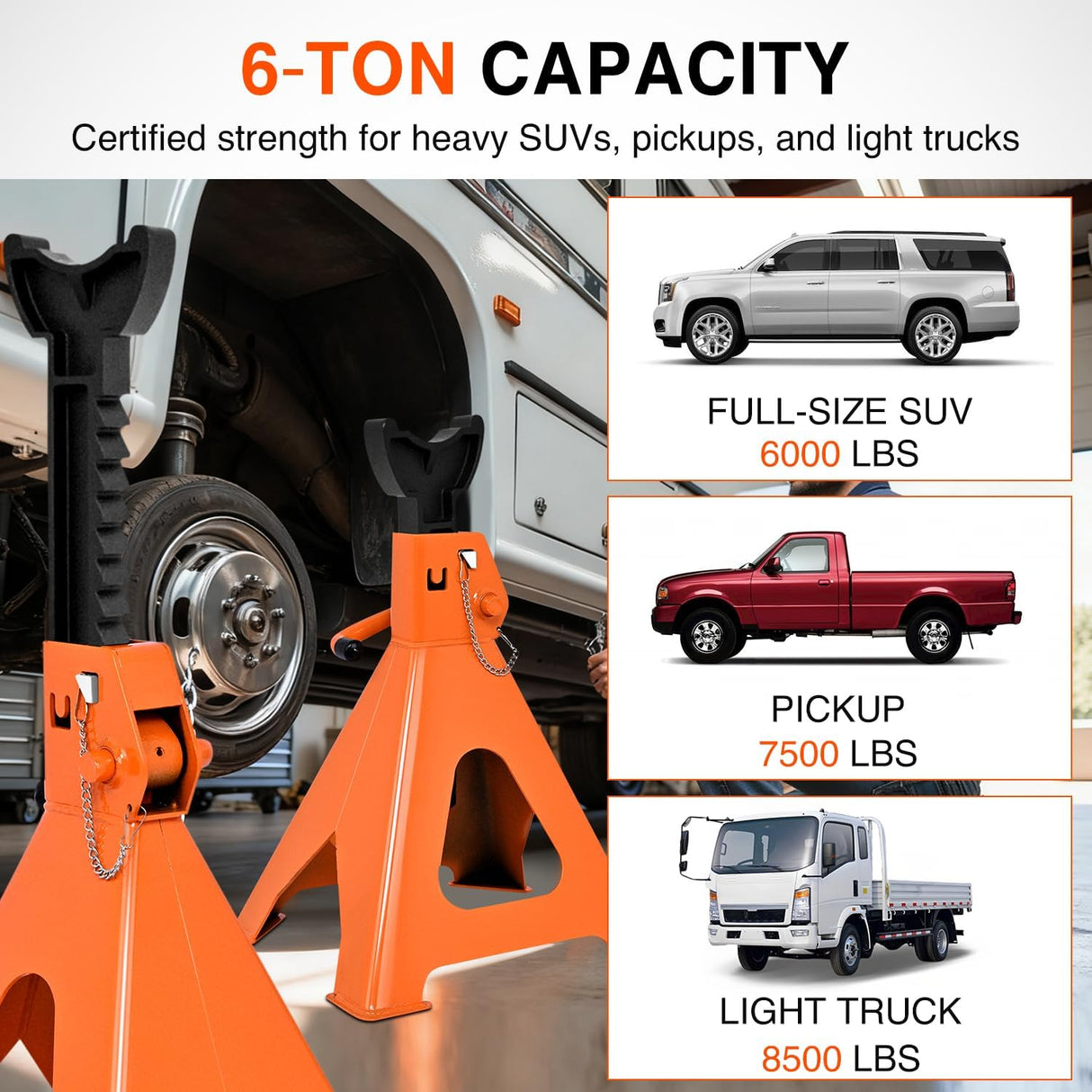 6 Ton Jack Stands, Double Locking Heavy Duty Steel 12,000 lbs Capacity, Adjustable 15.35 Inch-23.22 Inch Height for SUV Sedan Pickup Light Truck, 2 Pack