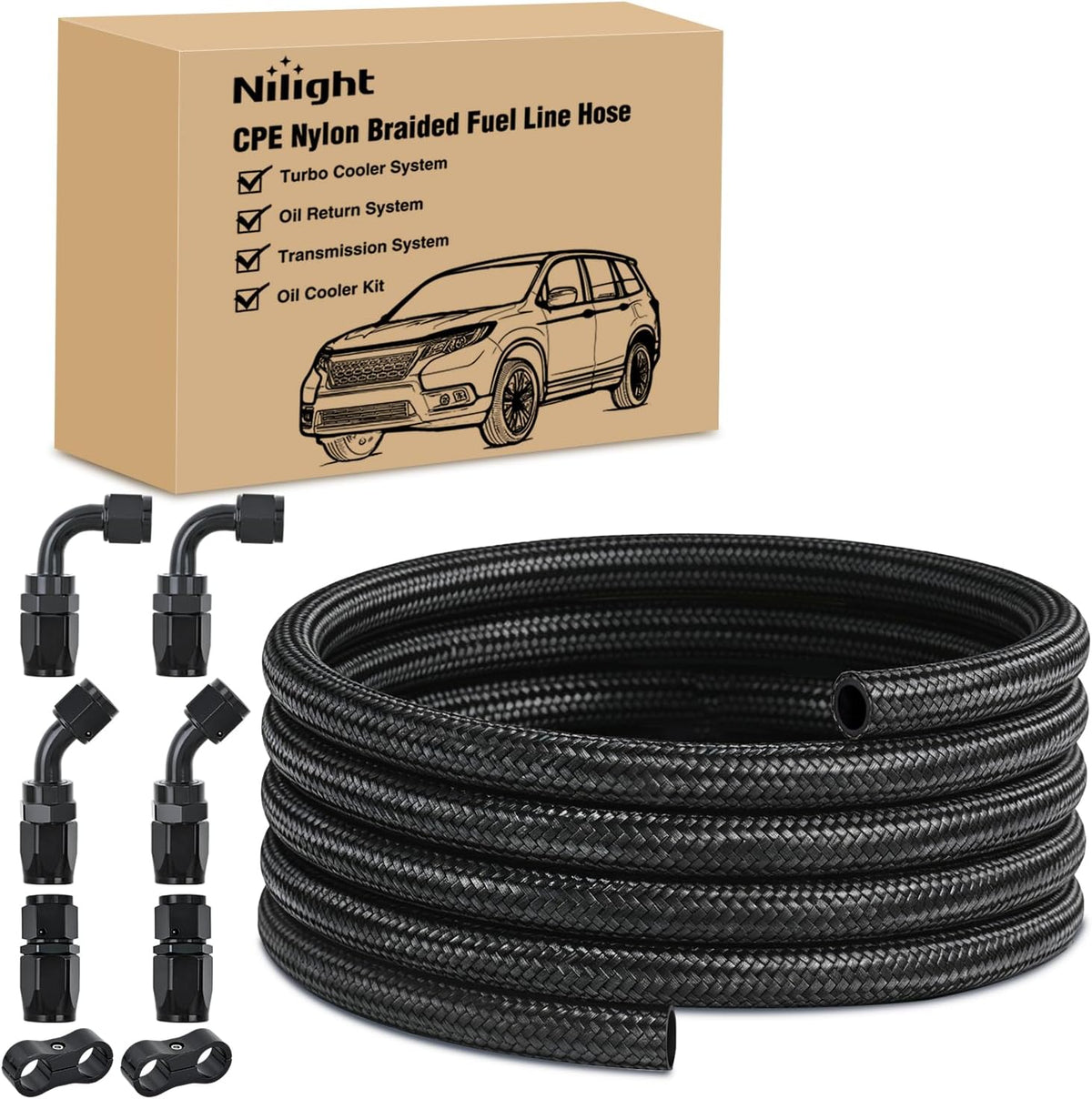 10AN 10FT CPE Fuel Hose Kit with 8PCS AN10 Fittings&Hose Separator | CPE Nylon Stainless Steel Braided Oil Gas Diesel Fuel Hose End Fitting Kit for Transmission Oil Cooler Vacuum Lines