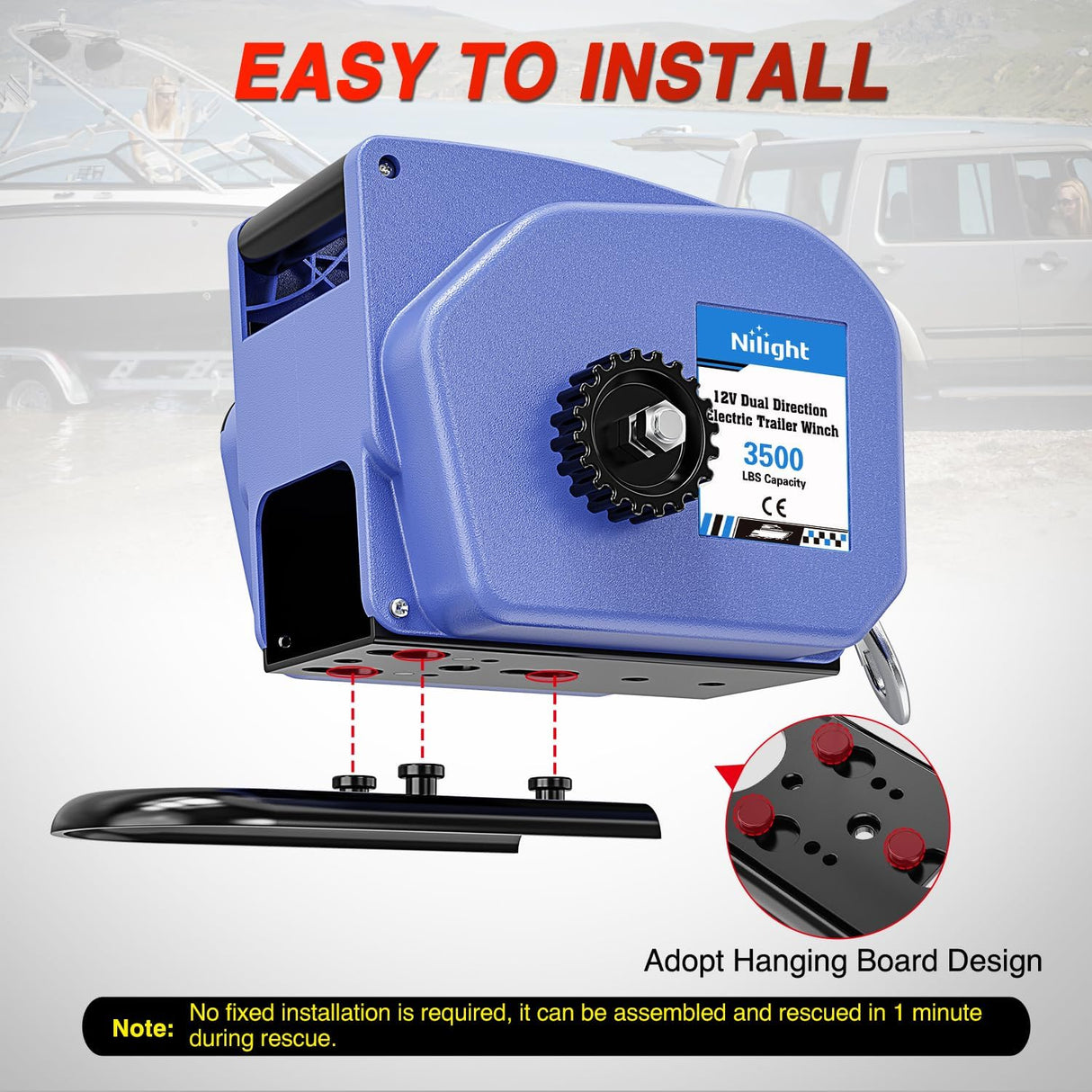 Boat Trailer Winch 3500 lbs Portable Electric Boat Winches 12 V DC Marine Winch with Steel Cable Remote Control & Hand Crank Power-in Freewheel Operat Waterproof Winch for Boat Trailer, Blue