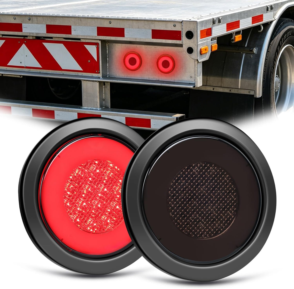 Trailer Tail Lights 2PCS 4Inch Round 32LED Smoked Red Halo | Grommet Mount IP67 Waterproof Marker Clearance Stop Brake Turn Running Taillights for Trailer Truck Pickup Camper RV