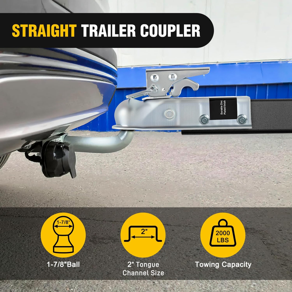 Straight Trailer Coupler with Security Latch&Chain for 1-7/8 Inch Hitch Ball, 2-Inch Channel,2000 LBS, Heavy Duty Trailler Tongue Coupler for Station Wagon, Truck, Bolted & welded installation