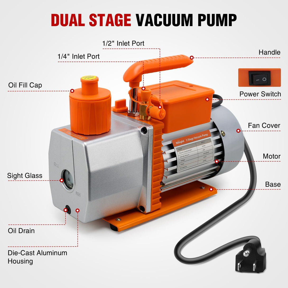 Vacuum Pump HVAC, 5 CFM 1/2 HP 110V 2 Stage AC Vacuum Pumps Kit for R22 R404a R134a R410a, 3x10⁻¹ Pa Ultimate Vacuum for Auto Air Conditioning Servicing Refrigerant Recharging, Oil Included