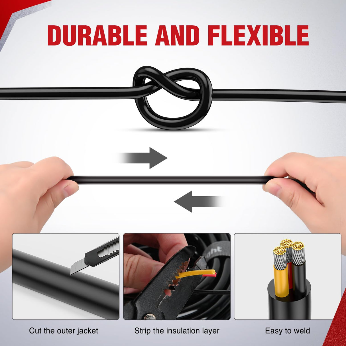 100FT 14AWG 3 Conductor Electrical Wire Tinned Oxygen Free Copper Red Black Yellow 3 Wires Parallel 600V DC Flexible PVC Case Extension Cords for LED Strips Lamps Lighting