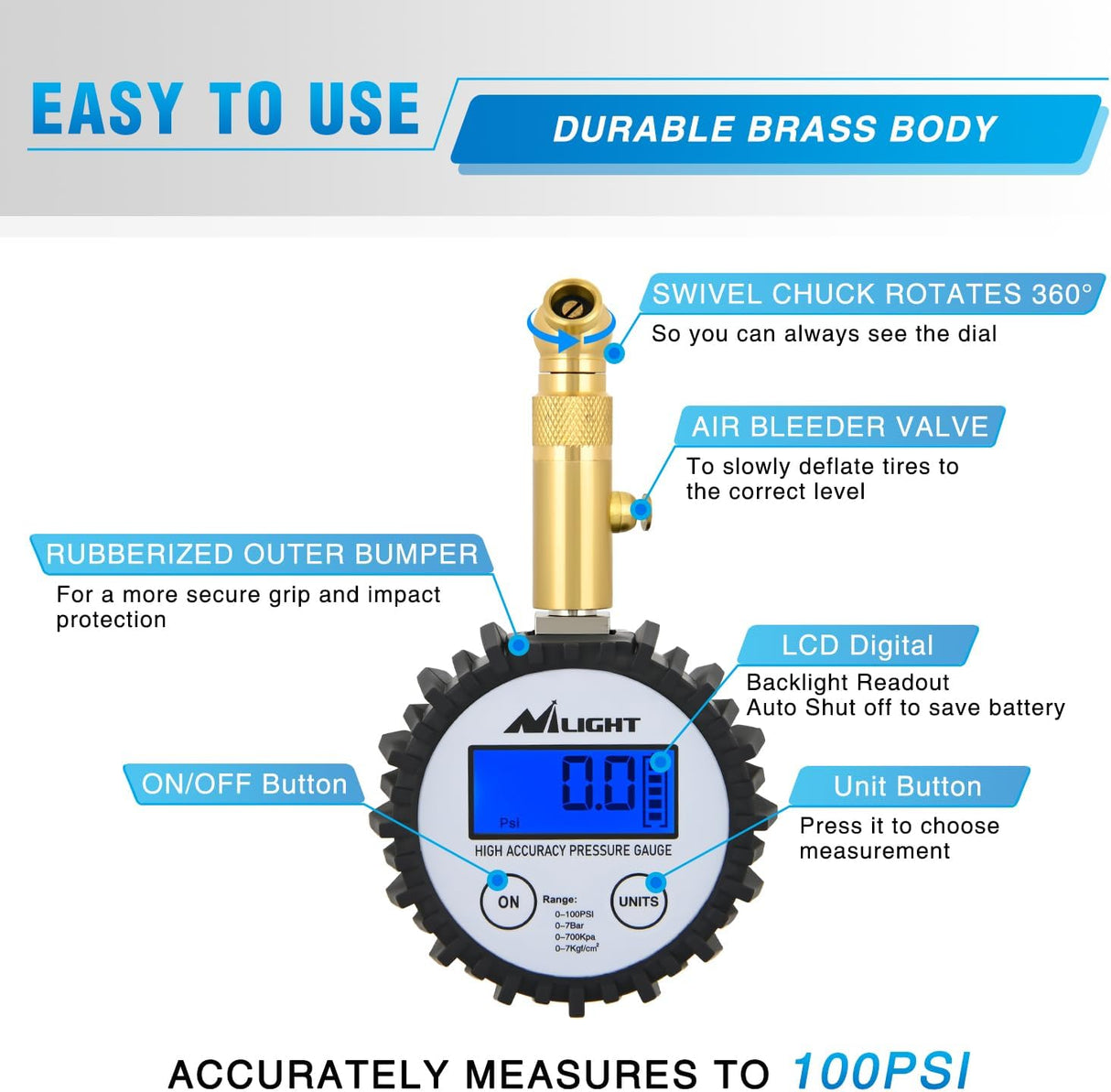 Digital Tire Pressure Gauge 100PSI Heavy Duty Stainless Steel Air Chucks ANSI 2A Certified Large Dial Wheel Service Checker for Truck Semi Truck ATV Motorhome Cars & RV Accessories