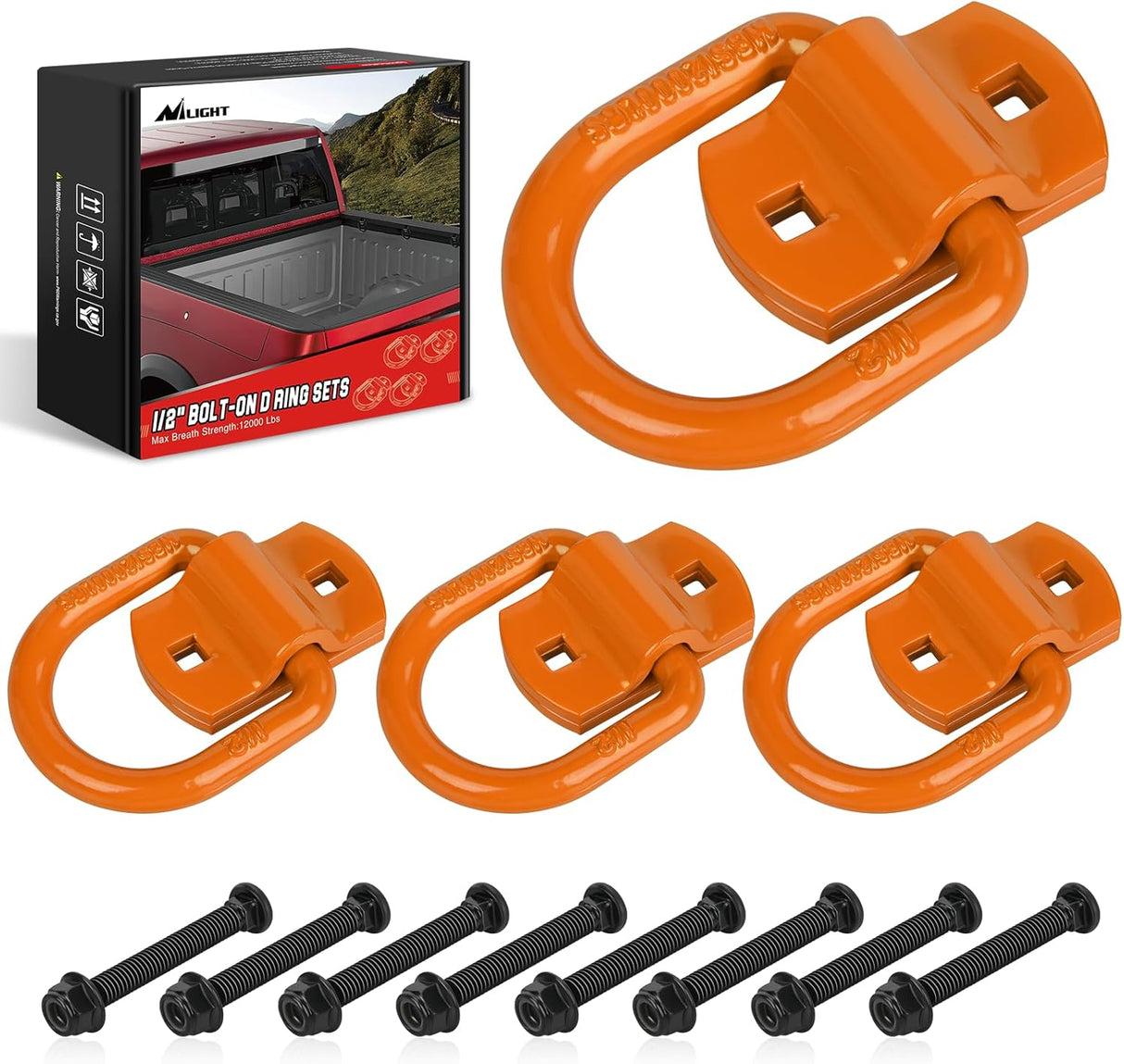 4 PCS D Ring Tie Down Anchor 1/2 Inch Heavy Duty Rings with Screws Bolts on Trailer Truck Bed Cargo 12000 Lbs Break Strength Hook Orange