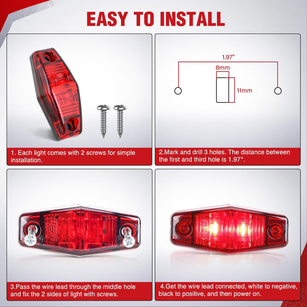 2.5 Inch Oval Side Marker Clearance Light 2 LED 8 Pack Red 80LM High Lumen Waterproof Surface Mount 12V Direct Wire for Truck Trailer Boat RV Semi