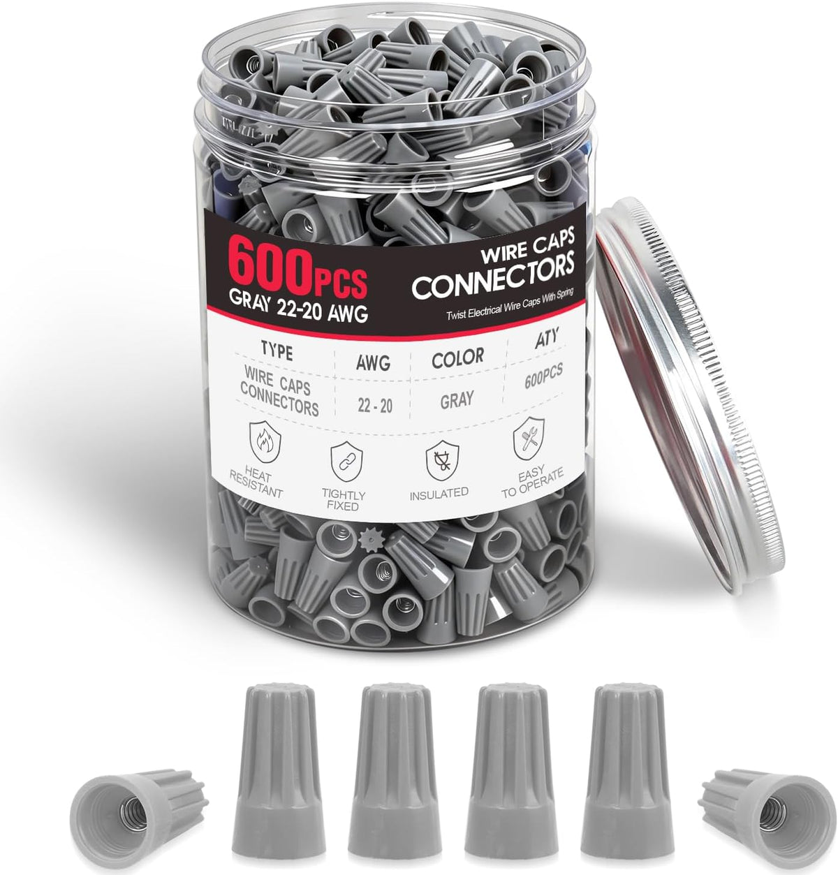 600PCS Gray Wire Connectors Kit 22-20 AWG Electric Wire Caps Insulating Insert Twist Electrical Wire Terminal with Spring for Connect Electrical Wiring Automotive Car Truck Boats Marine