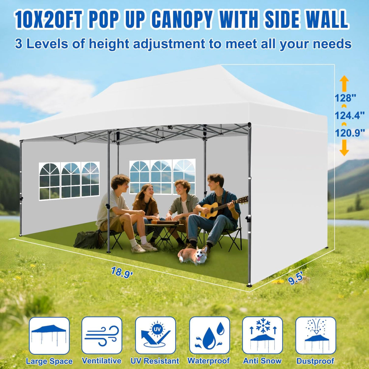 10x20 Pop Up Canopy Tent with Sidewalls Instant Outdoor Canopy, Waterproof & UV Protection, Easy Setup Adjustable Height Heavy Duty Shelter Gazebo Tent for Patio Backyard Party Events, White