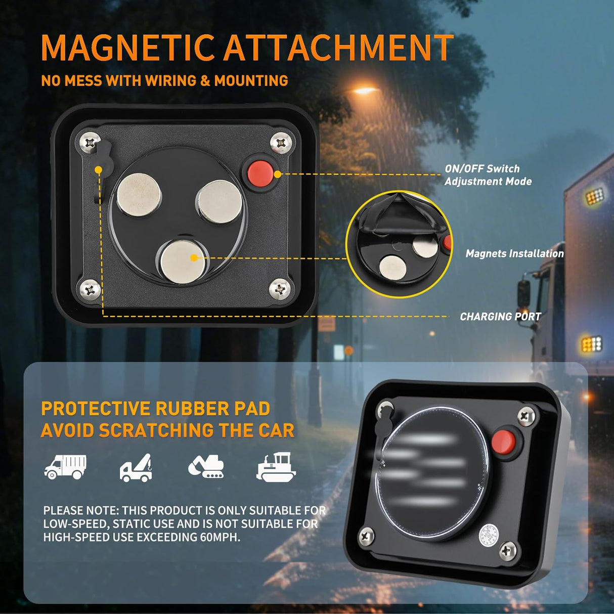 12LED Magnetic Wireless Trailer Lights 2PCS Rechargeable Portable Hazard Beacon Warning Light Amber and White Emergency Strobe Light for Trucks Trailers Vehicles Cars Bus Surface Mount