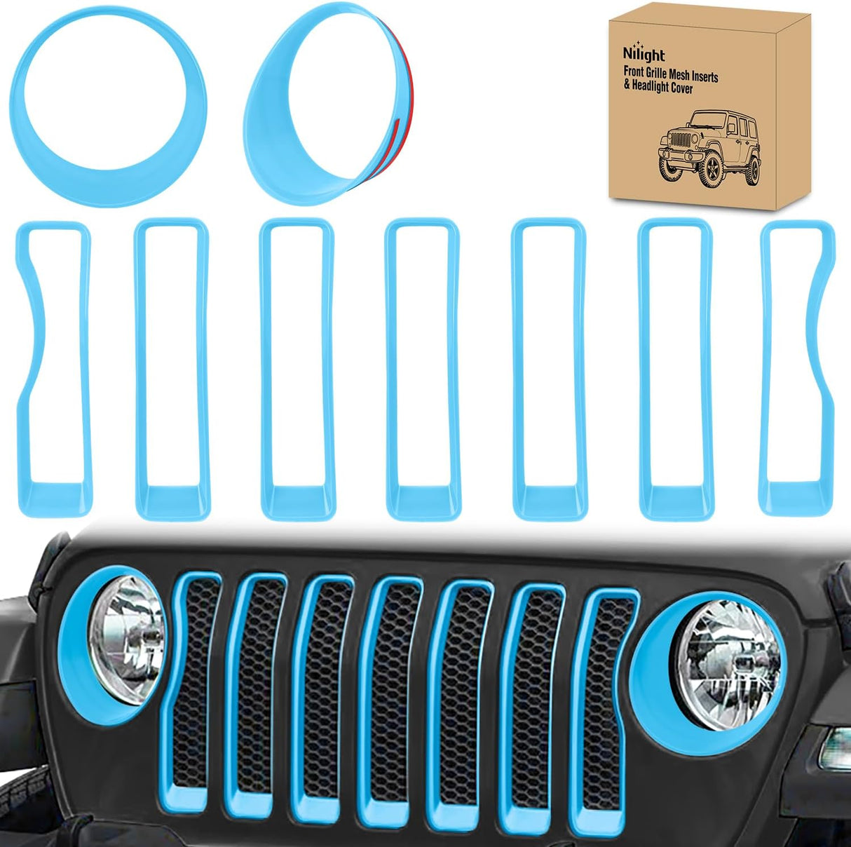 Grill Inserts fit for Jeep Wrangler Front Grille Inserts Headlight Cover Set for JL JLU Unlimited Sport SportS 2018 2019 2020 2021 2022 2023 Grille Bezels Trim Exterior Accessories Blue 9 Pcs