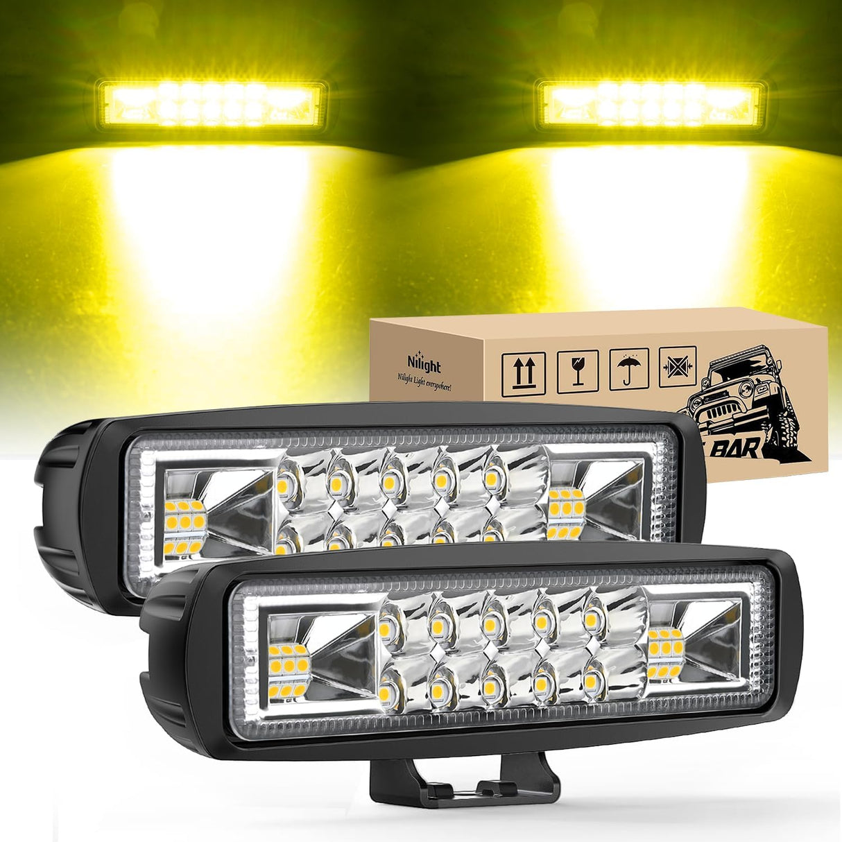 6 Inch Yellow LED Light Pods 2 PCS 60W Flood Spot Combo Beam Off Road Work Driving Fog Lighting for 12V 24V ATV UTV Pickup Truck Tractor Boat