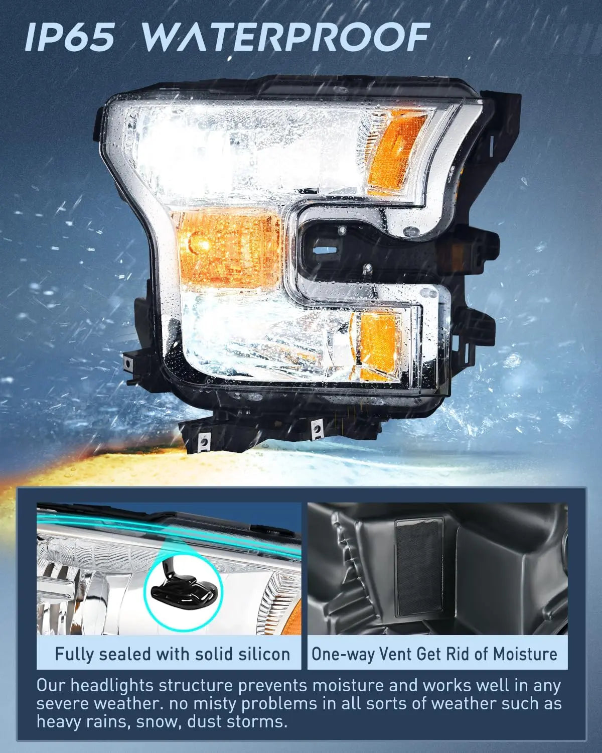 2015-2017 Ford F150 Headlight Assembly Chrome Housing Amber Reflector Upgraded Clear Lens Nilight