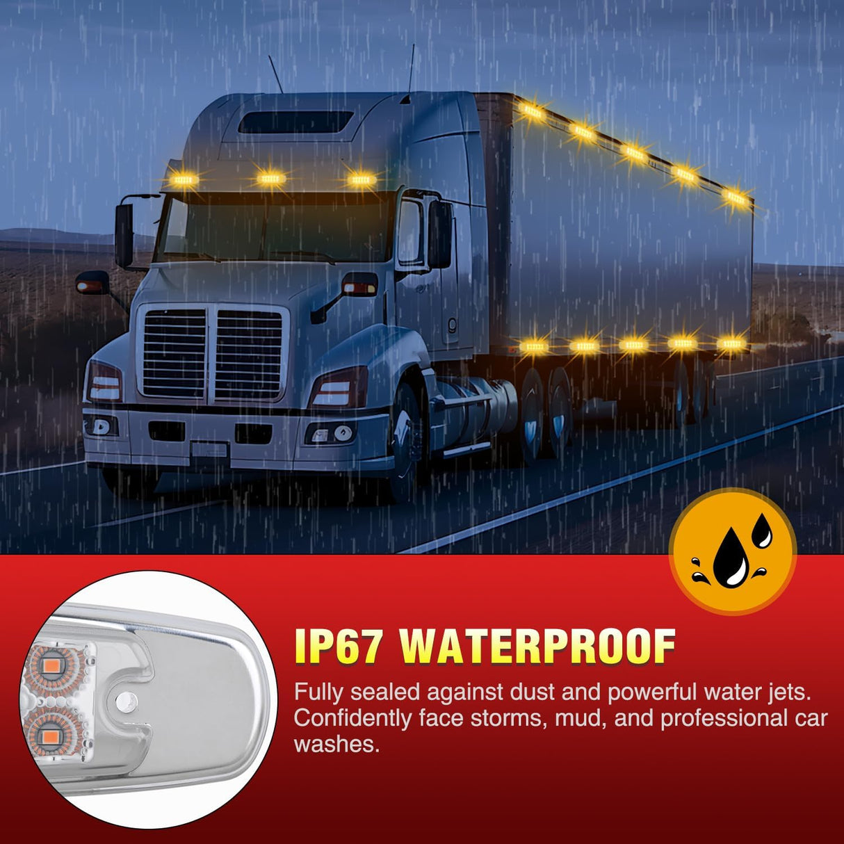 6.3 Inch Amber Rectangle Side Marker Light, White Lens, High Low Strobe | 12 LED IP67 Waterproof Chrome Bezel 12V Surface Mount Marker & Clearance Light Fits Pickup Trucks Trailers RVs Boats,10 Pack