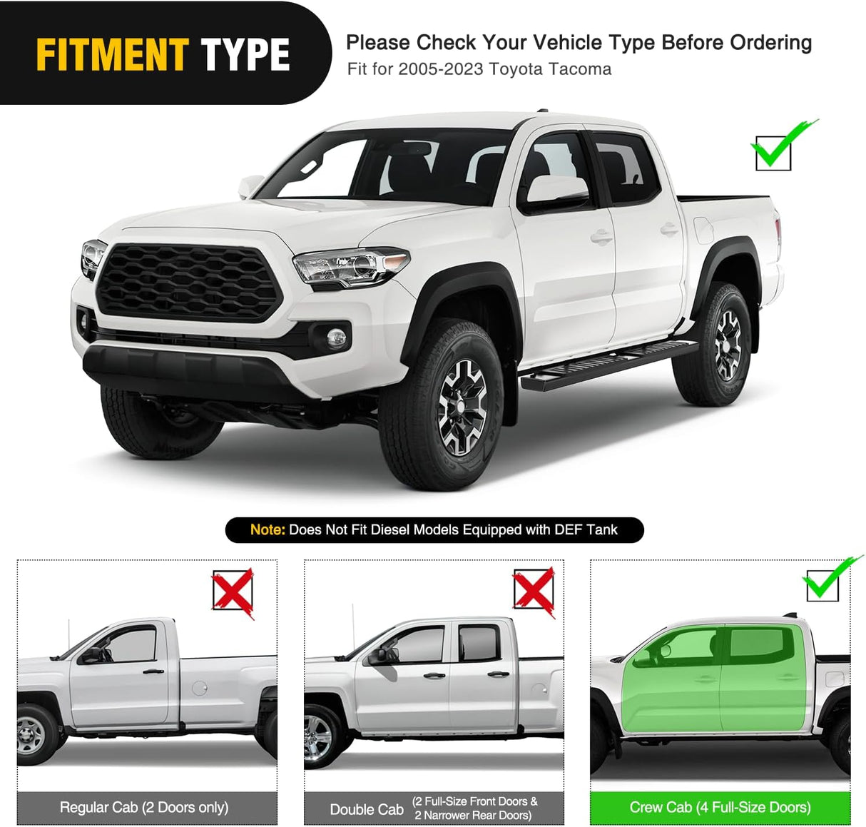 Running Boards for 2005-2023 Toyota Tacoma Double Cab 4 Full Size Doors 6 Inch Side Step Nerf Bars Black